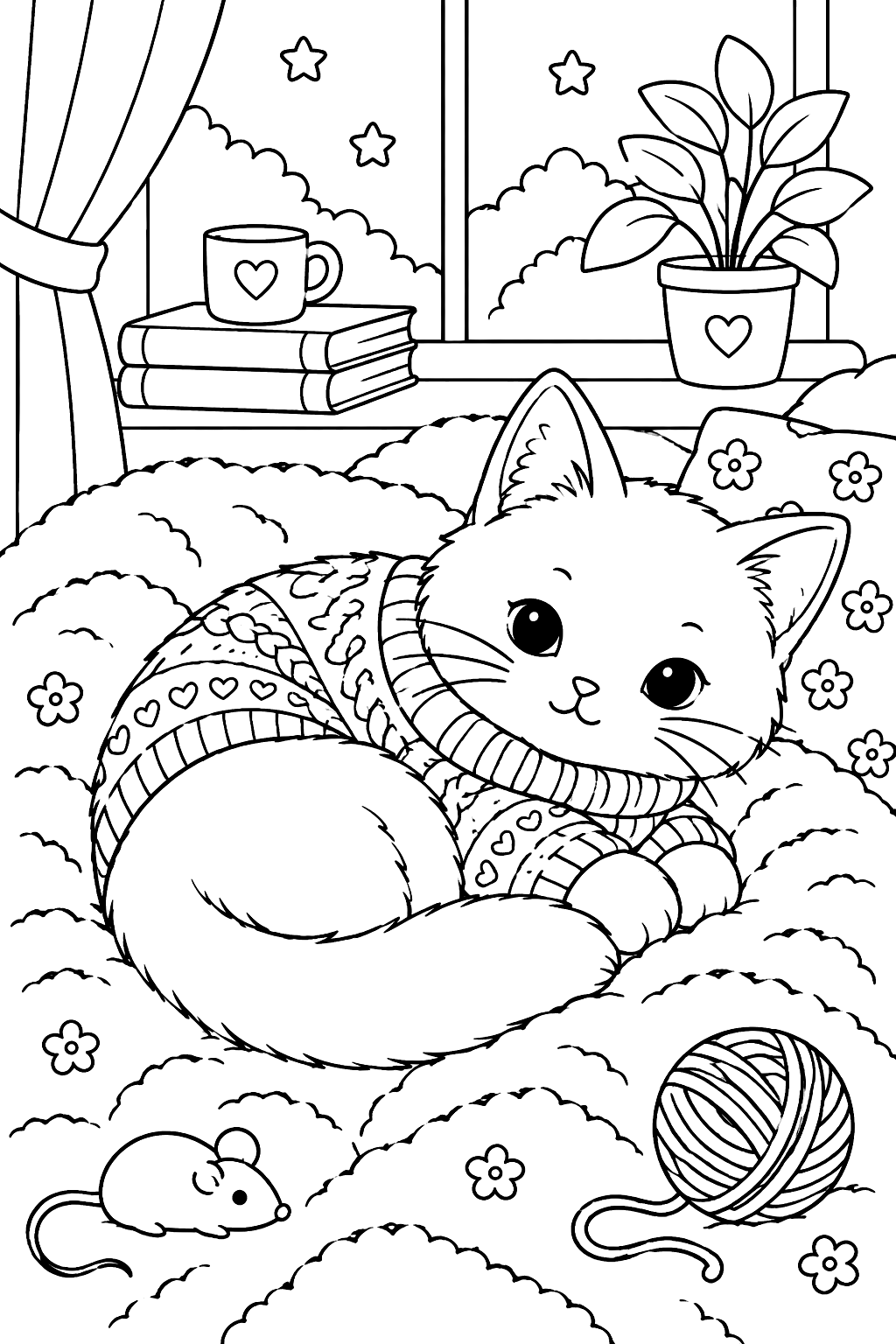 Cat wearing a knit sweater curled up on a fluffy blanket coloring page