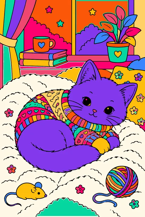 Cat wearing a knit sweater curled up on a fluffy blanket coloring page