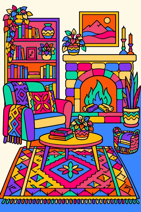 Cozy living room with a patterned rug, bookshelves, plants and a fireplace coloring page