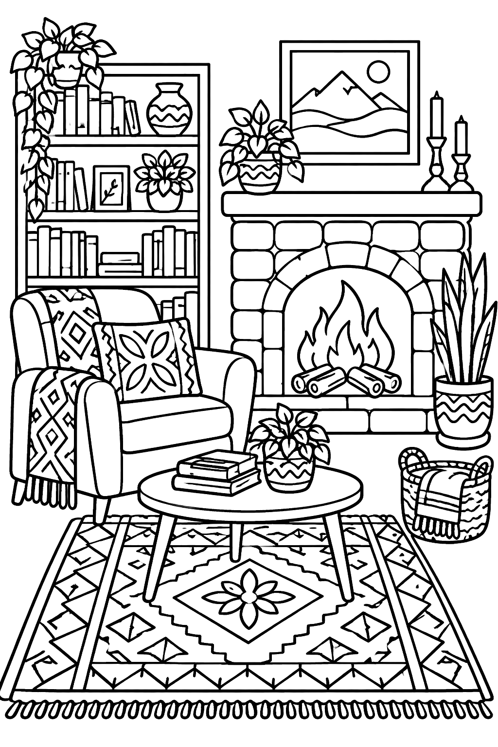 Cozy living room with a patterned rug, bookshelves, plants and a fireplace coloring page