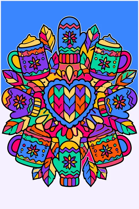 Mandala of mugs, mittens, leaves and knit patterns around a heart coloring page