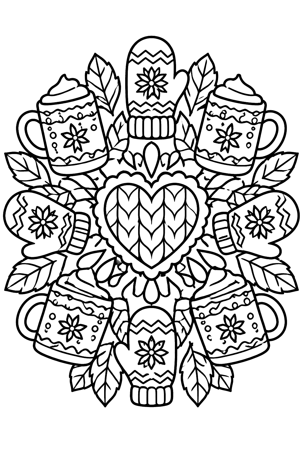 Mandala of mugs, mittens, leaves and knit patterns around a heart coloring page