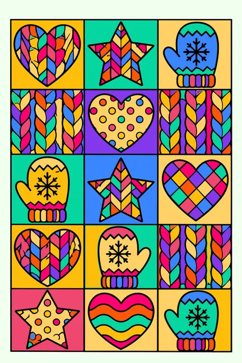 Patchwork quilt pattern with hearts, stars, mittens and knit textures coloring page