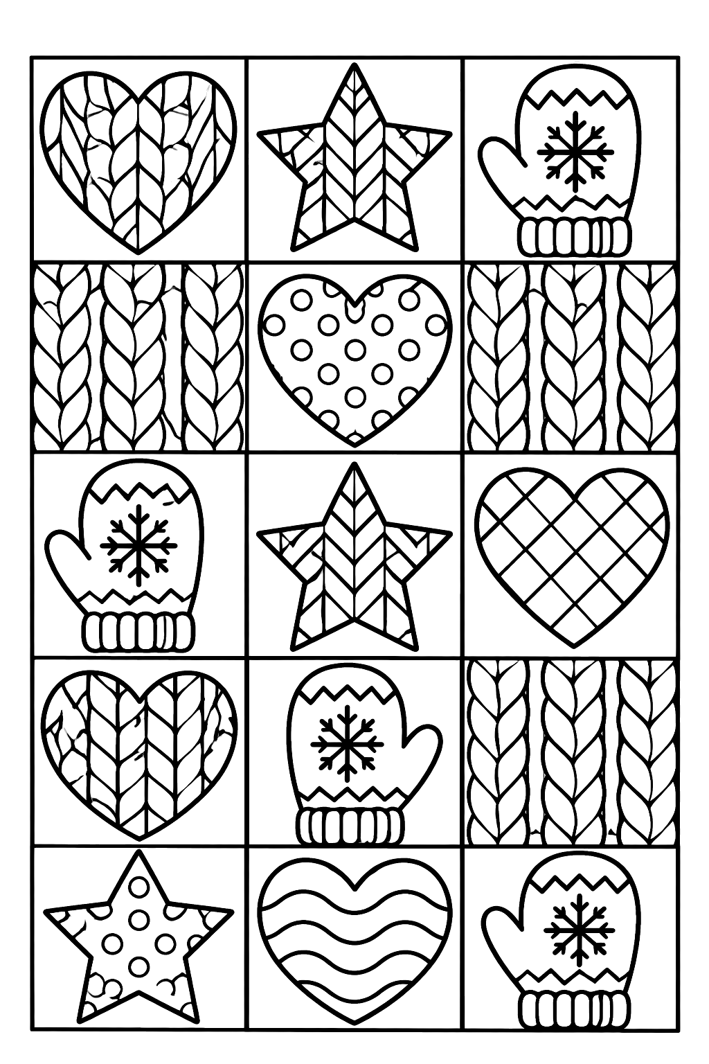 Patchwork quilt pattern with hearts, stars, mittens and knit textures coloring page