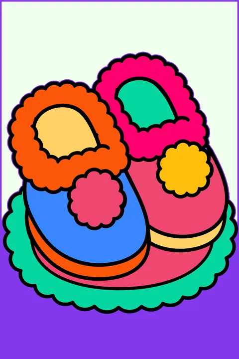 Pair of fuzzy slippers with pom poms on a little rug coloring page