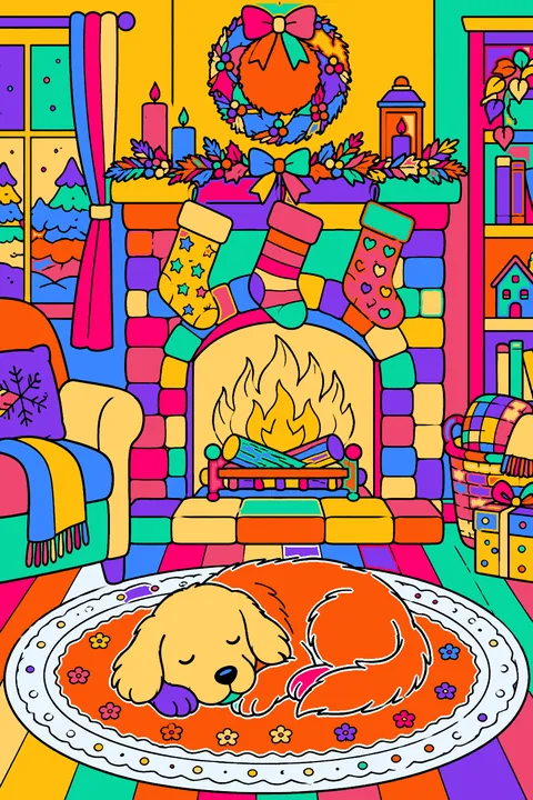 Crackling fireplace with stockings, a rug and a sleeping dog coloring page