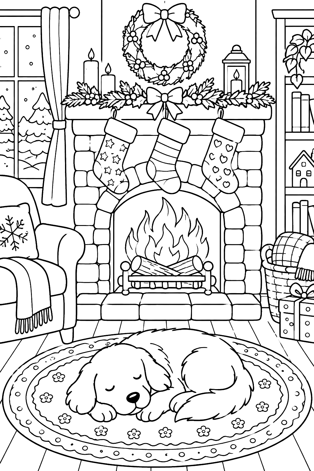 Crackling fireplace with stockings, a rug and a sleeping dog coloring page