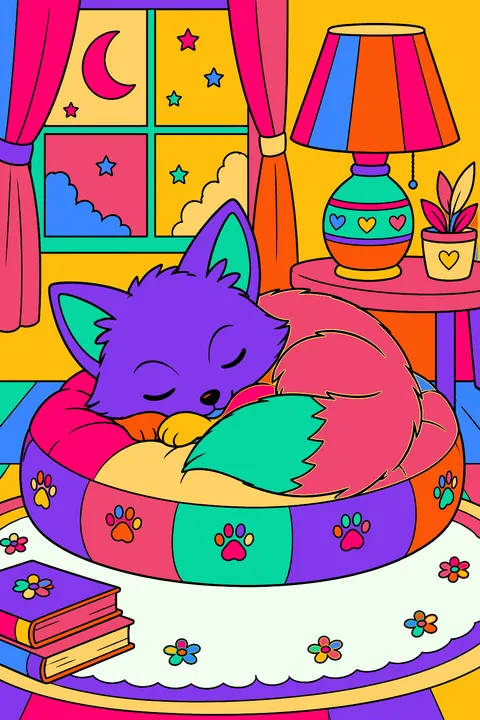 Fox sleeping on a round pillow next to a warm lamp coloring page