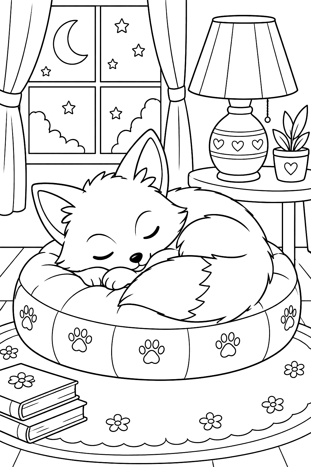 Fox sleeping on a round pillow next to a warm lamp coloring page