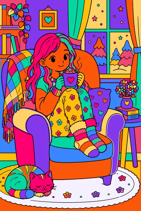 Girl in fuzzy socks sipping cocoa in a big armchair coloring page