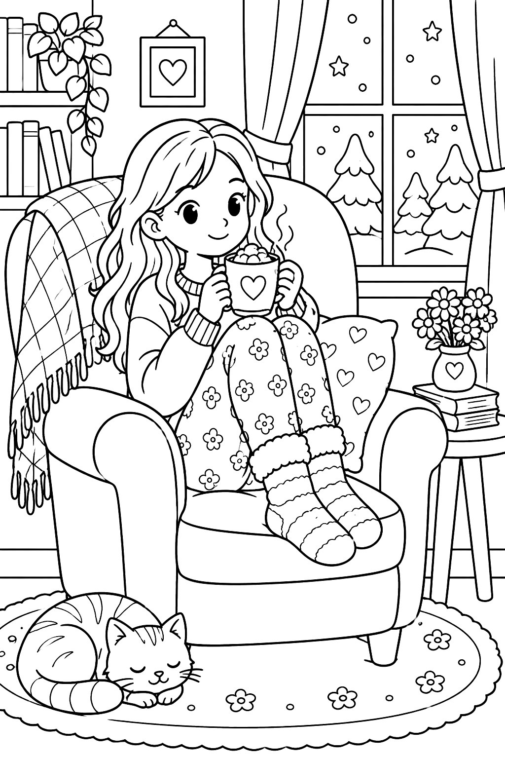 Girl in fuzzy socks sipping cocoa in a big armchair coloring page