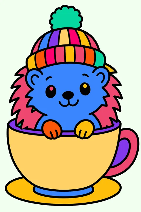 Hedgehog in a knit hat sitting inside a big teacup coloring page