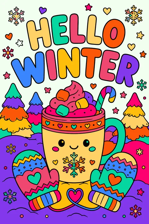 Big outline letters spelling hello winter with a mug and mittens coloring page