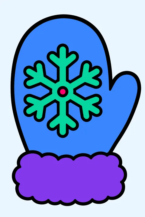 Knitted mitten with a snowflake pattern and a fluffy cuff coloring page
