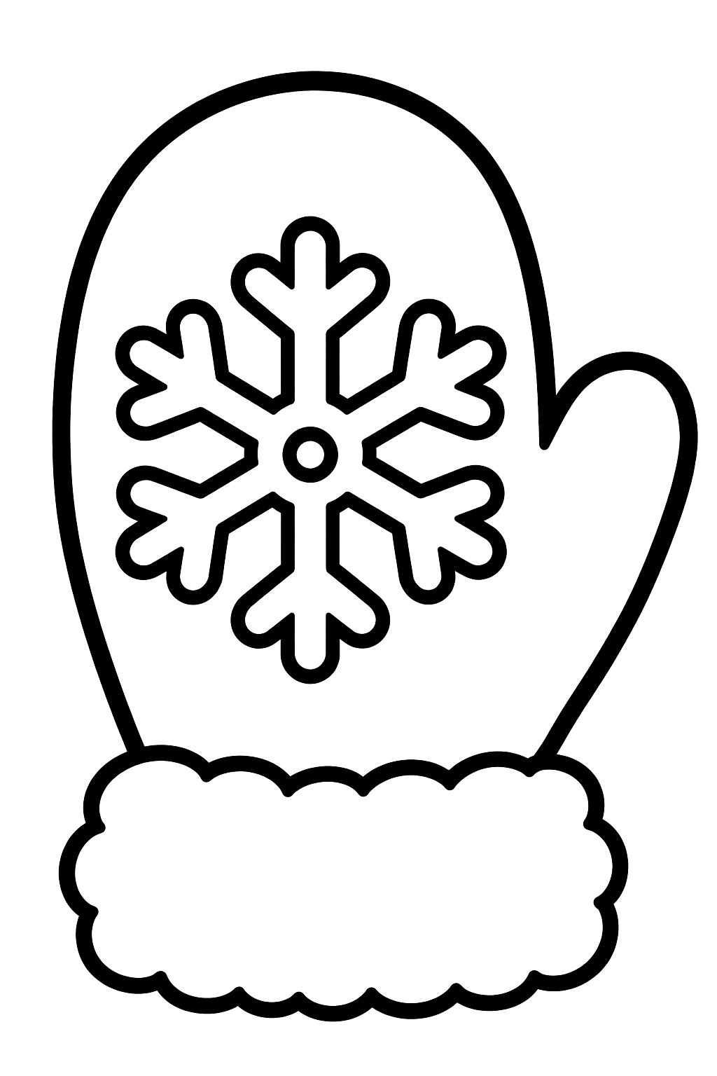 Knitted mitten with a snowflake pattern and a fluffy cuff coloring page