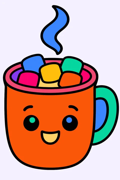 Mug of hot cocoa with marshmallows and a wisp of steam coloring page