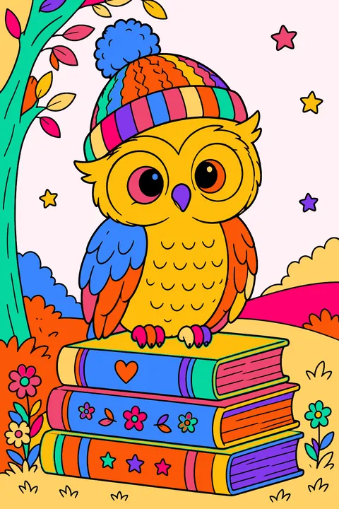 Owl wearing a knit cap perched on a stack of books coloring page