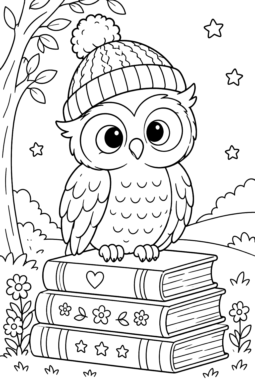 Owl wearing a knit cap perched on a stack of books coloring page
