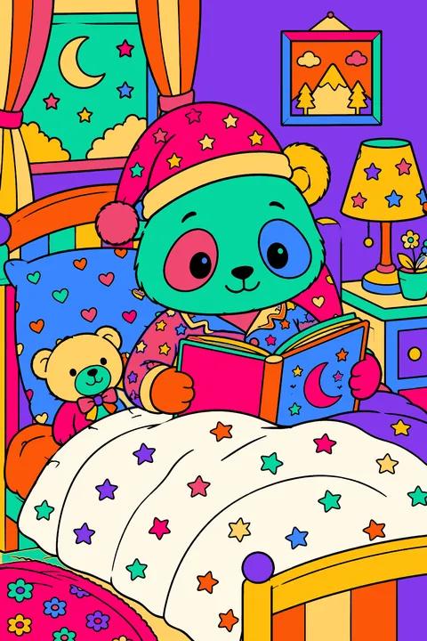 Panda in pajamas tucked into bed with a storybook coloring page