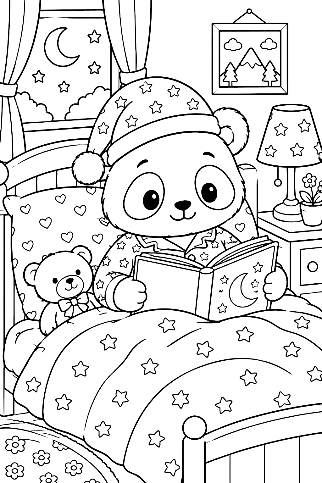 Panda in pajamas tucked into bed with a storybook coloring page