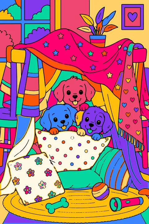 Puppies peeking out of a blanket fort made with pillows and chairs coloring page