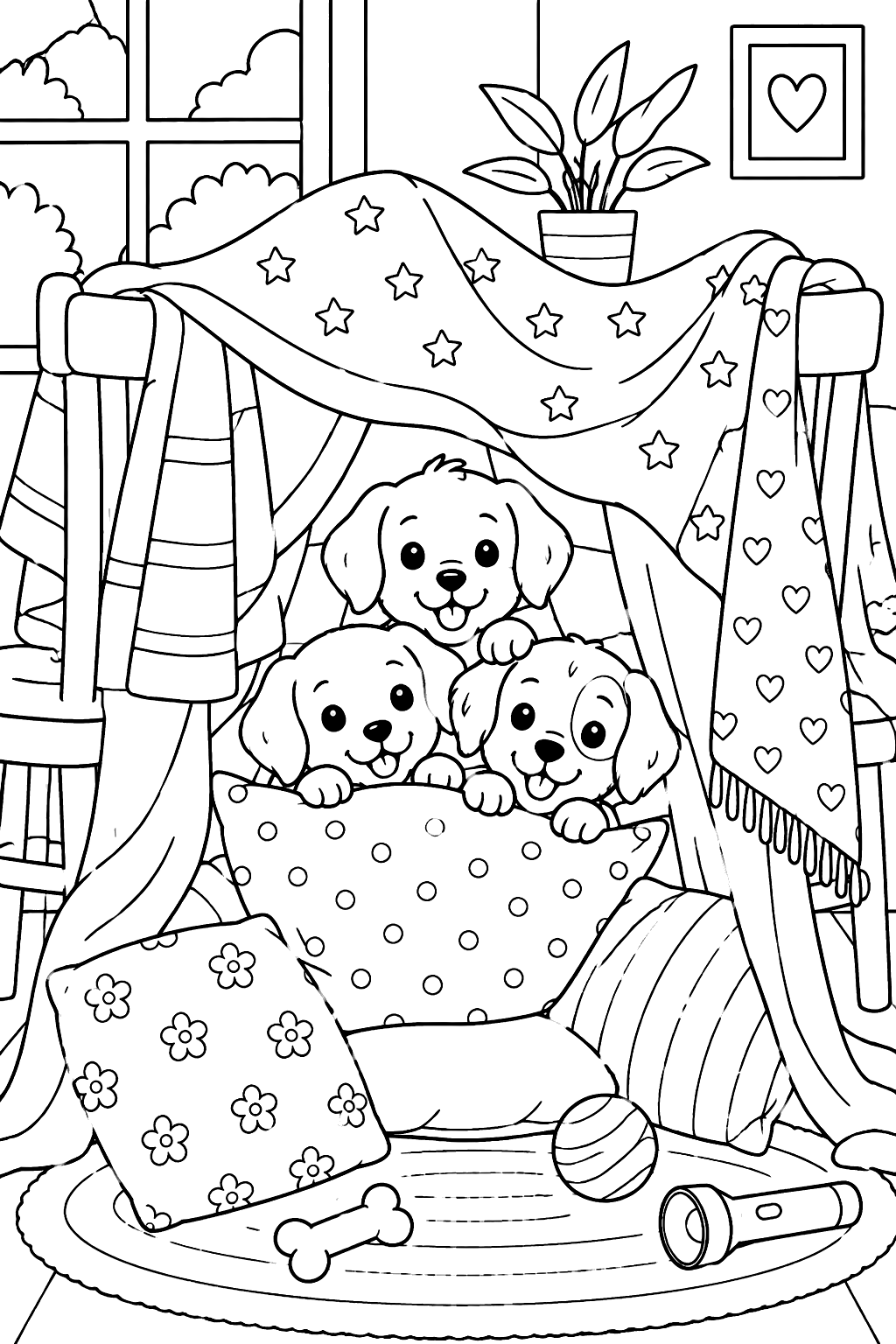 Puppies peeking out of a blanket fort made with pillows and chairs coloring page