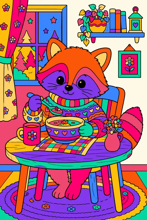 Raccoon in a sweater eating soup at a small table coloring page