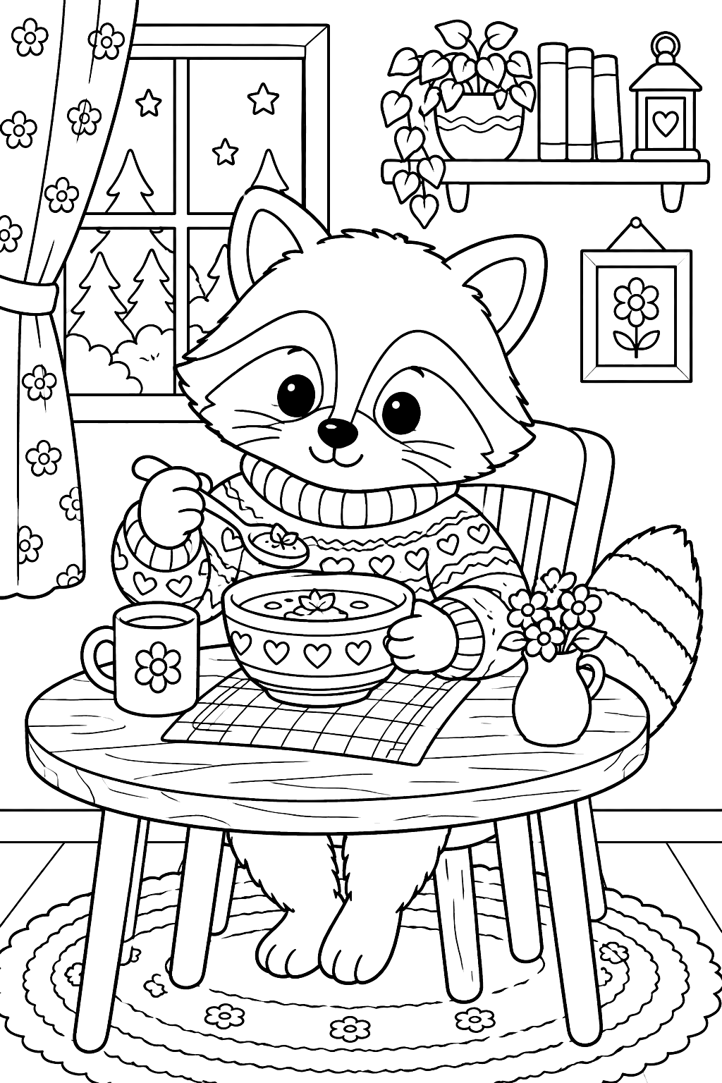 Raccoon in a sweater eating soup at a small table coloring page