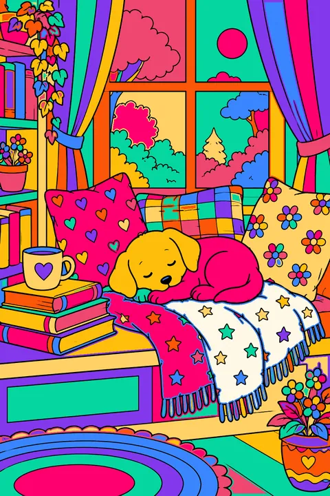 Reading nook by a window with pillows, books and a sleeping puppy coloring page