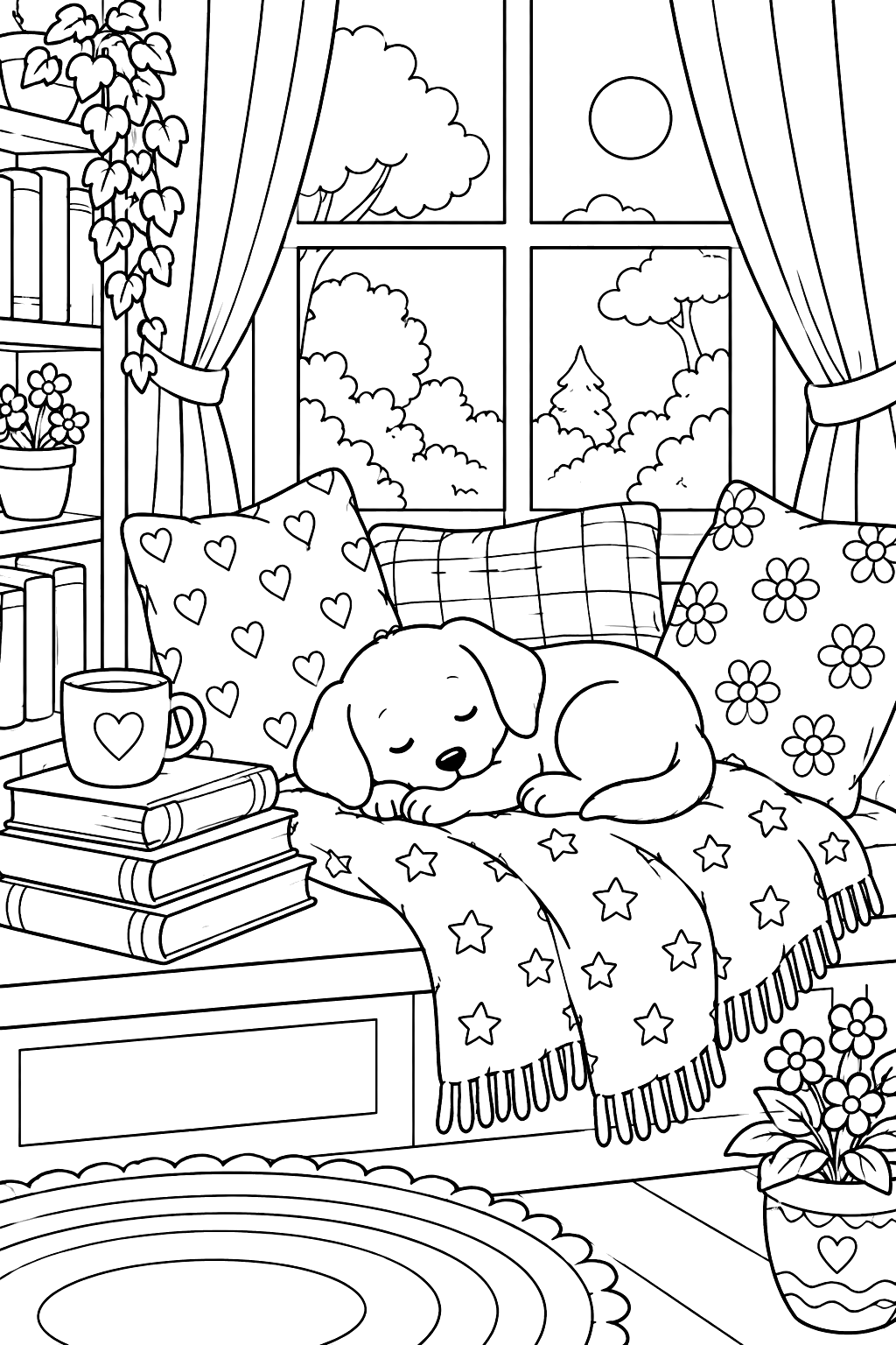 Reading nook by a window with pillows, books and a sleeping puppy coloring page