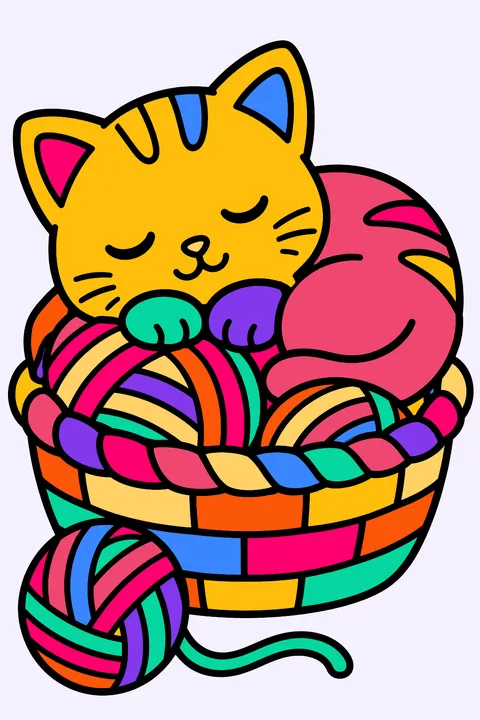 Sleepy kitten curled up in a yarn basket coloring page