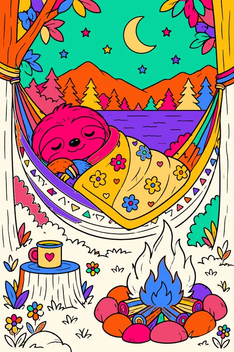 Sloth wrapped in a blanket napping in a hammock by the fire coloring page
