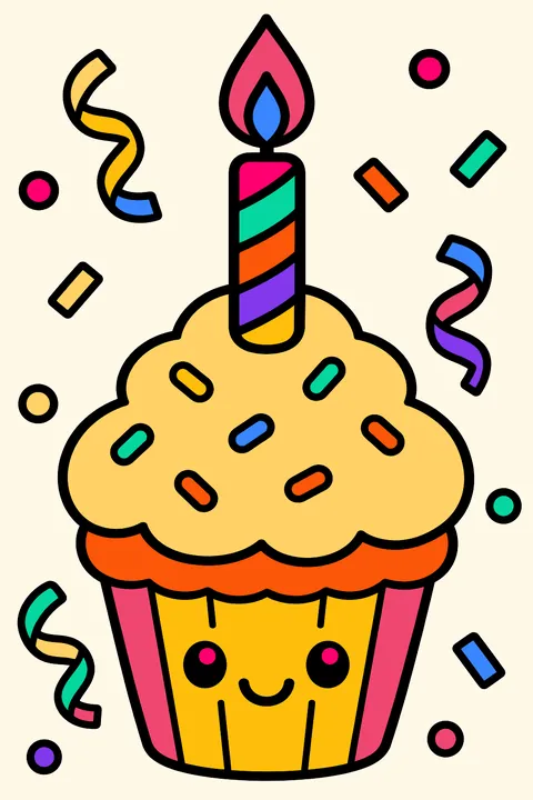 a birthday cupcake with one candle and confetti around coloring page