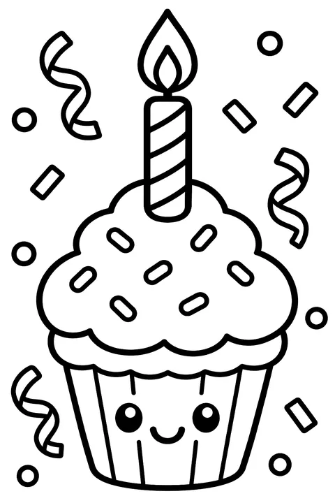 a birthday cupcake with one candle and confetti around coloring page