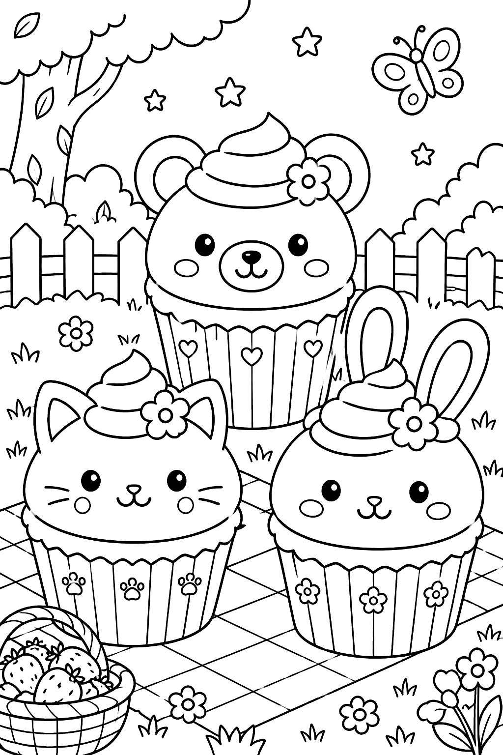 cupcakes decorated as a bear, a cat and a bunny coloring page