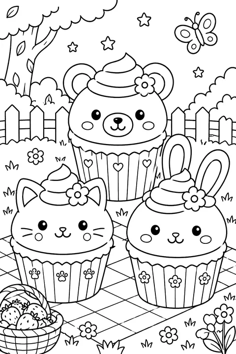 cupcakes decorated as a bear, a cat and a bunny coloring page