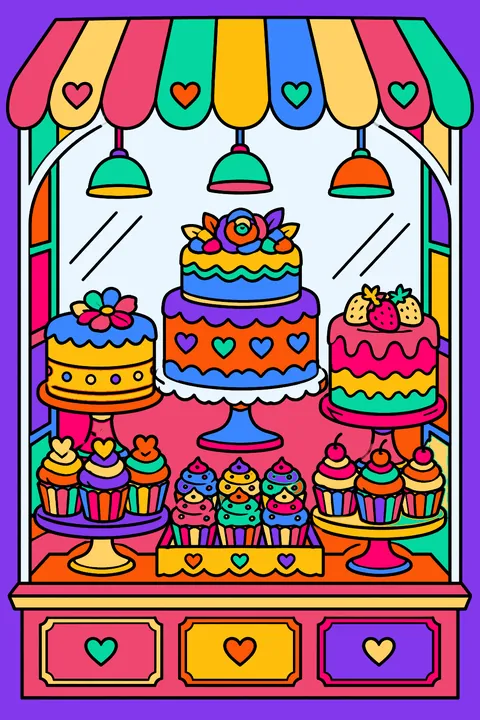 a bakery window display full of cupcakes and cakes coloring page