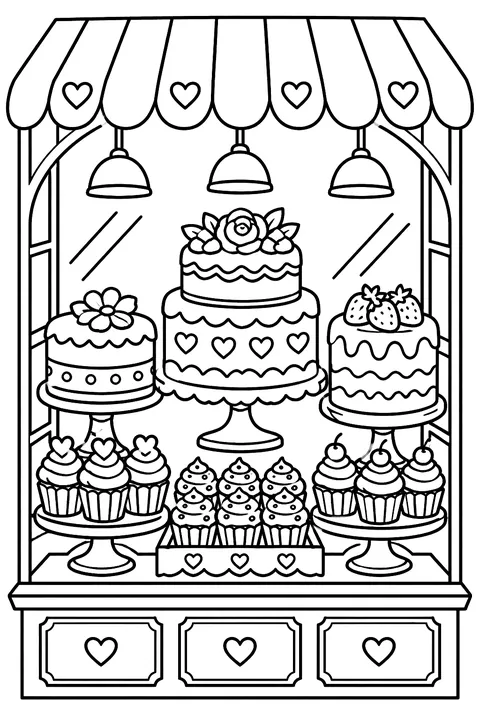 a bakery window display full of cupcakes and cakes coloring page