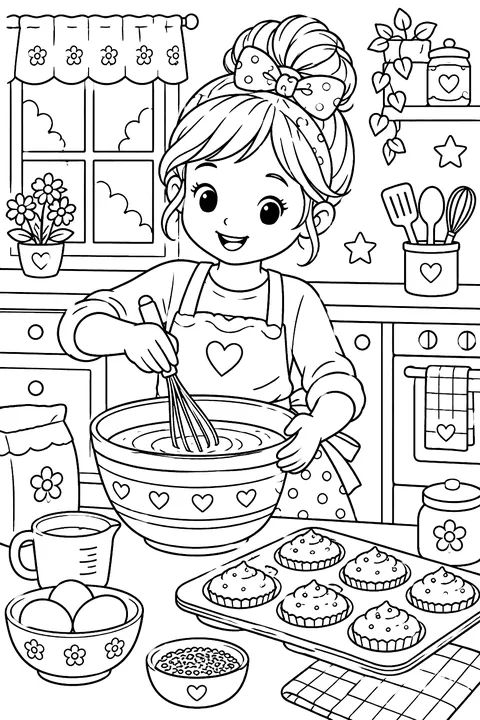 a child baking cupcakes with a mixing bowl and a whisk in a kitchen coloring page