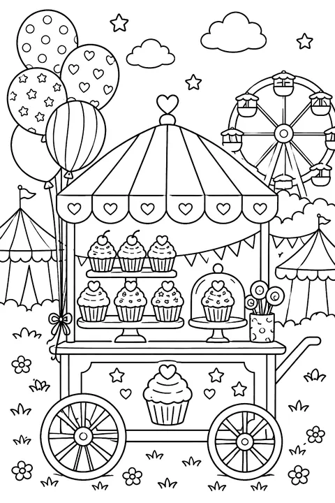 a cupcake cart at a fair with balloons coloring page