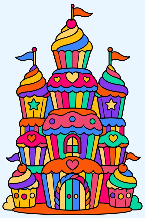 a castle made of stacked cupcakes coloring page