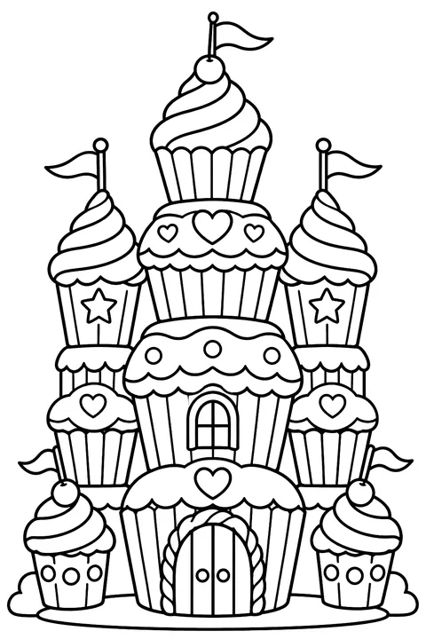 a castle made of stacked cupcakes coloring page