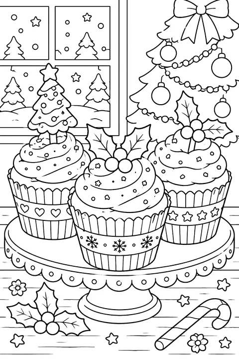 christmas cupcakes with holly and tree toppers coloring page