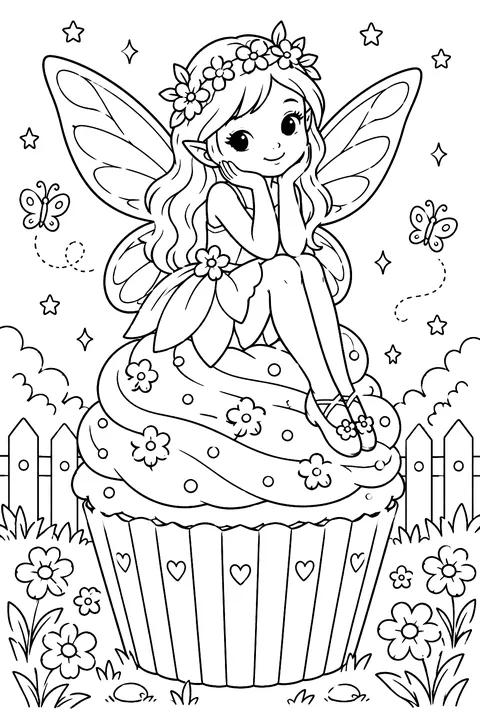 a fairy sitting on top of a cupcake coloring page
