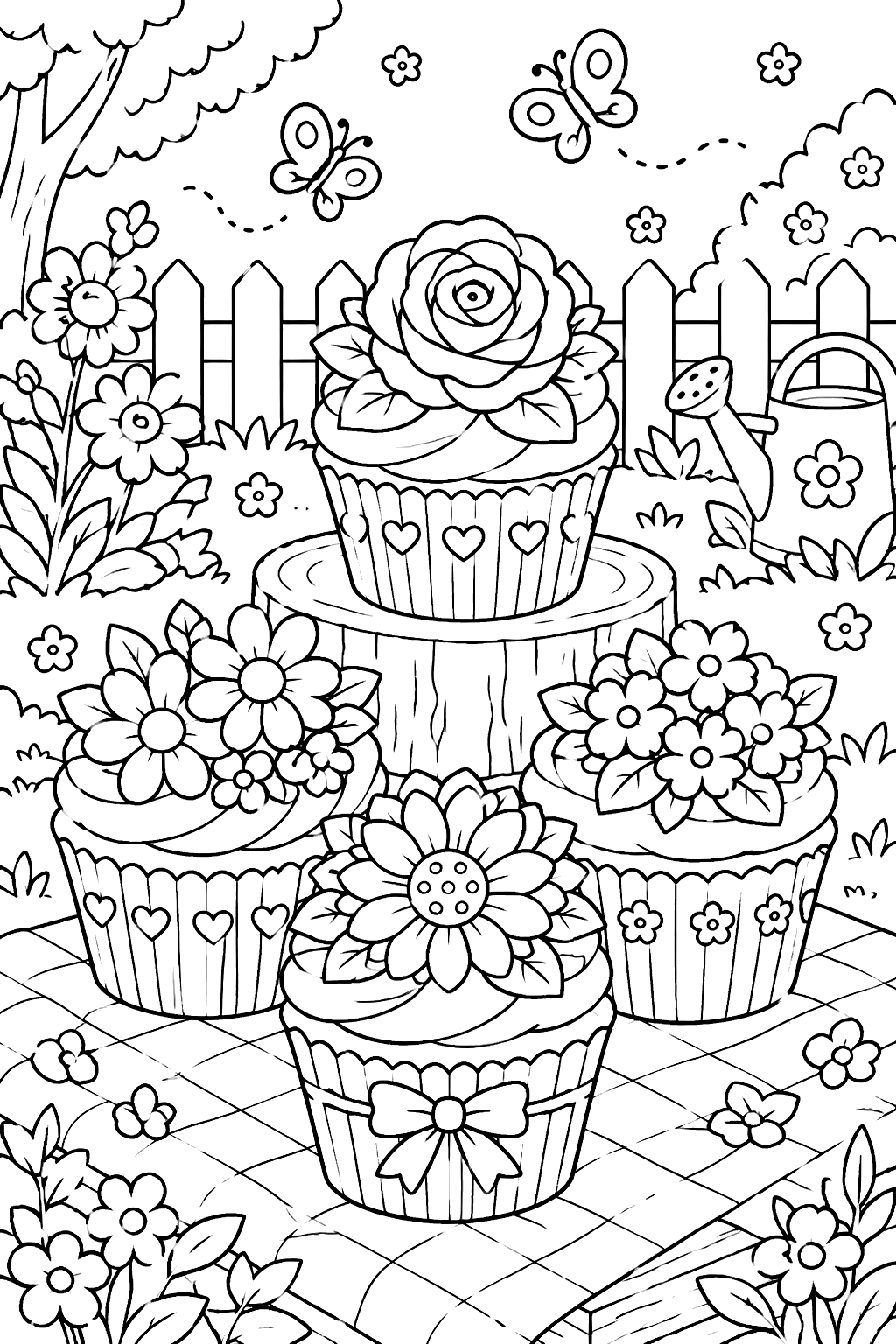 cupcakes decorated with frosting flowers in a garden setting coloring page