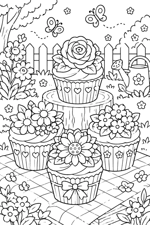 cupcakes decorated with frosting flowers in a garden setting coloring page