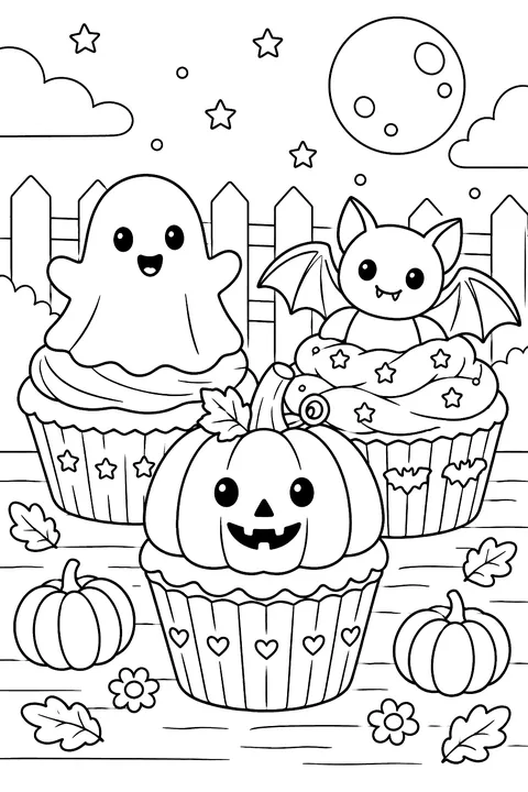 halloween cupcakes decorated as a pumpkin, ghost and bat coloring page
