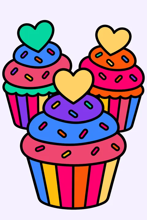 cupcakes with heart toppers and sprinkles coloring page