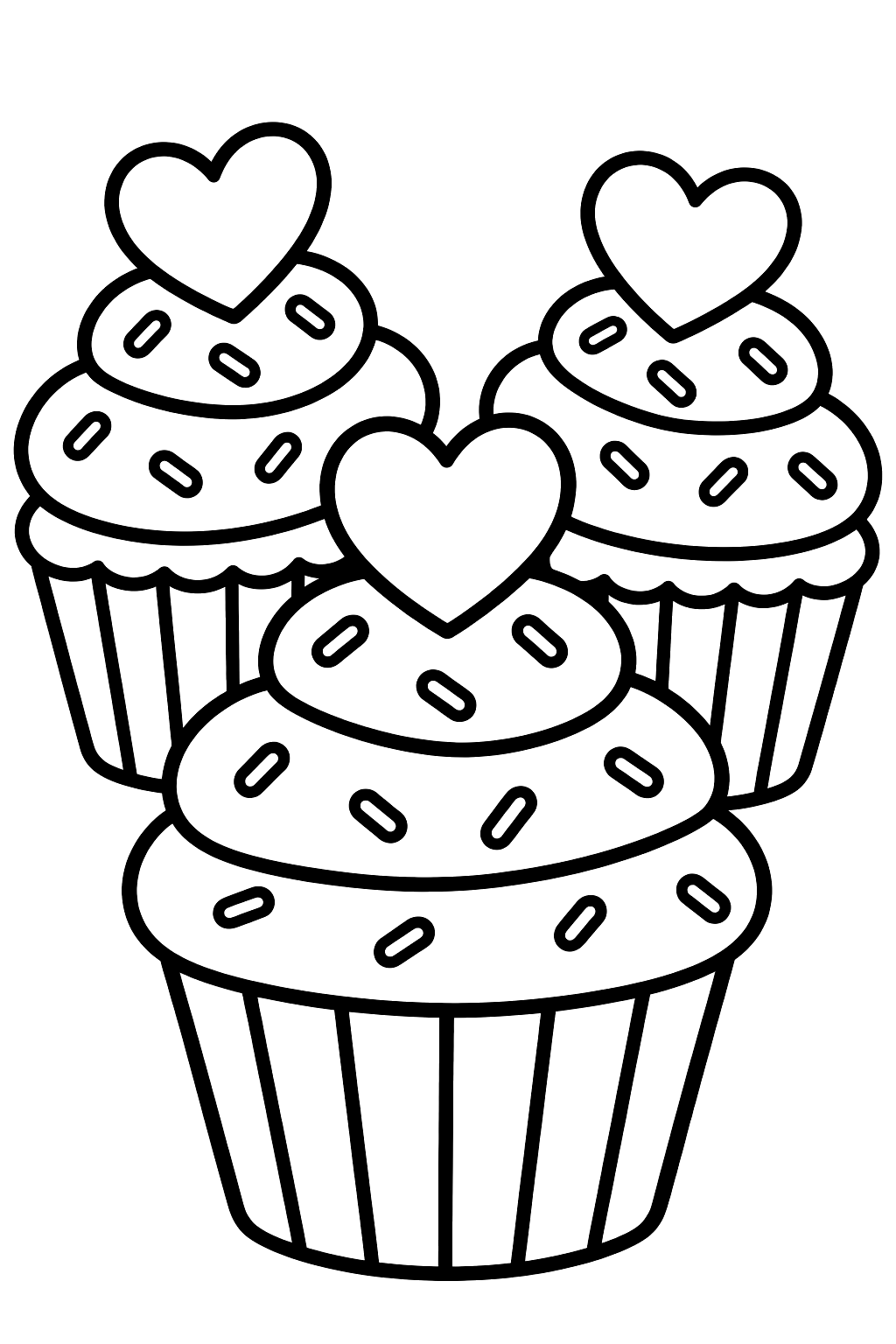 cupcakes with heart toppers and sprinkles coloring page