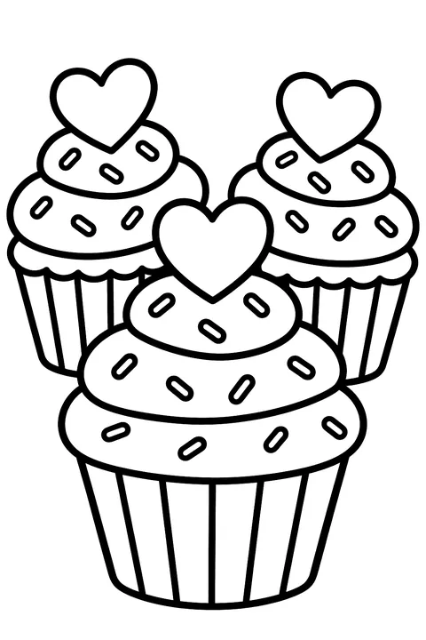 cupcakes with heart toppers and sprinkles coloring page